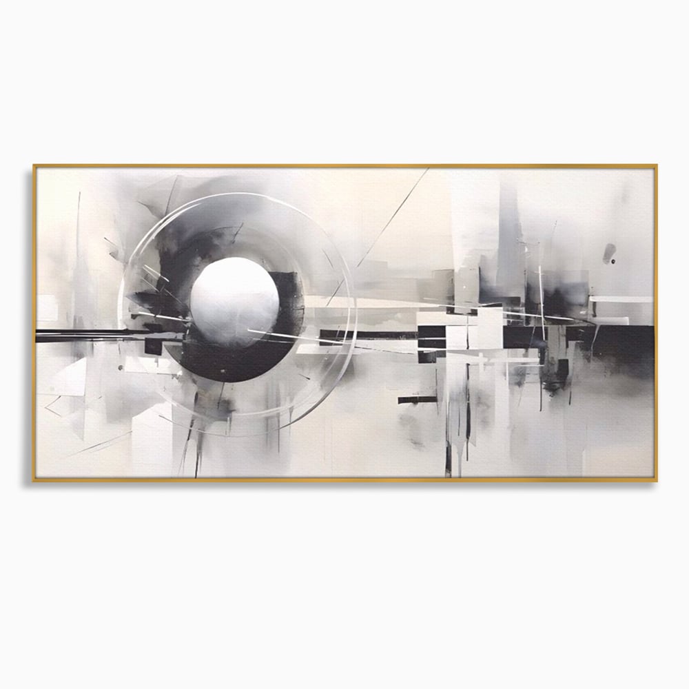 Tablou canvas cu pictura abstracta cu sfera si cercuri, in rama de aluminiu auriu